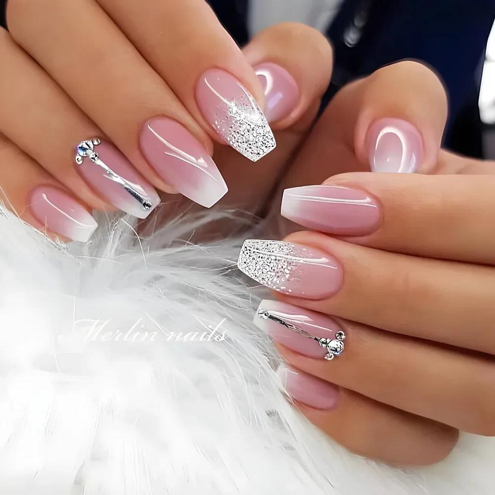 24Pcs Gradient White Short Square Ballet Fake Nails Simple Nude Full Cover Press On Manicure Tips