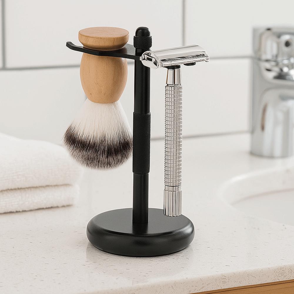 Alloy Construction Razor and Brush Stand Weighted Bottom Extra Wide Openings Shaving Brush Stand Safety Chrome Finish