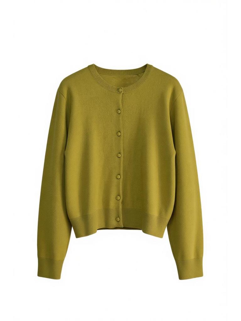 STAY WITH ME Cashmere Blend Round Neck Cardigan_Olive Green