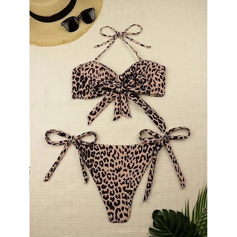 

Леопардовый купальник бикини в горошек с узлом женский без бретелек бандо купальник женский купальник комплект бикини из двух частей купальный костюм плавать M дубильная кора