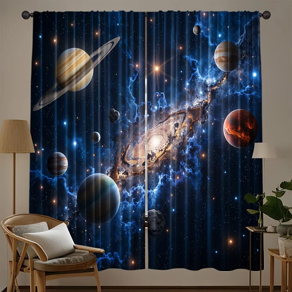 VIKAMA 2pc Blue Galaxy Polyester Space-Themed Curtains - Astronaut And Planetary Design, Washable, Home Decoration 60×150