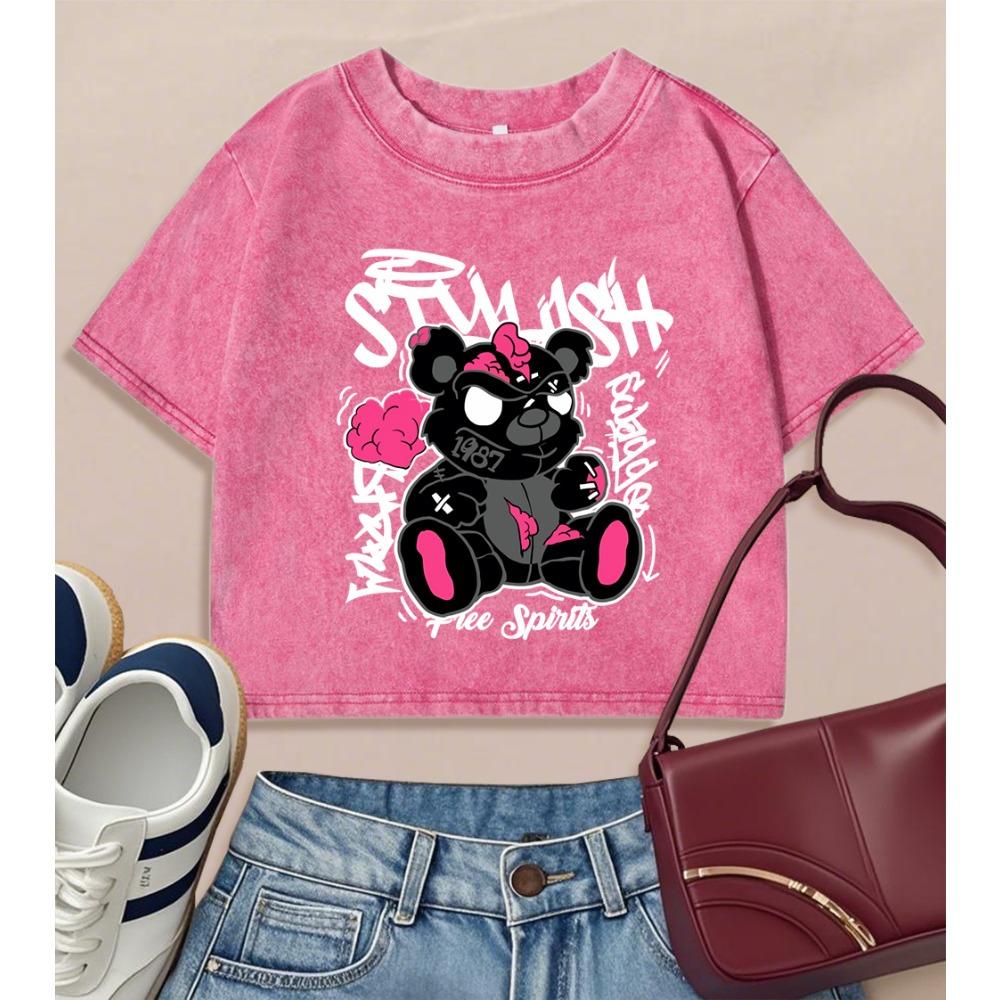 

Cartoon Bear From Time Ago Print Women Washed T Shirts Slim Crewneck T-Shirt Y2K Casual Tops Summer Cotton Streetwear S