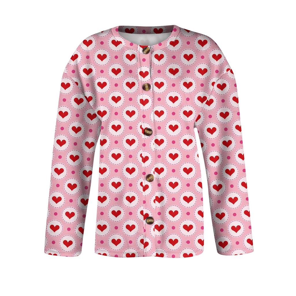 Women's Fashion Printed Valentine's Day Long Sleeved Knitted Cardigan Button Down Jacket