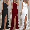 Women Sexy One Shoulder Ruffle Large Swing Slit Evening Party Slim Maxi Dress