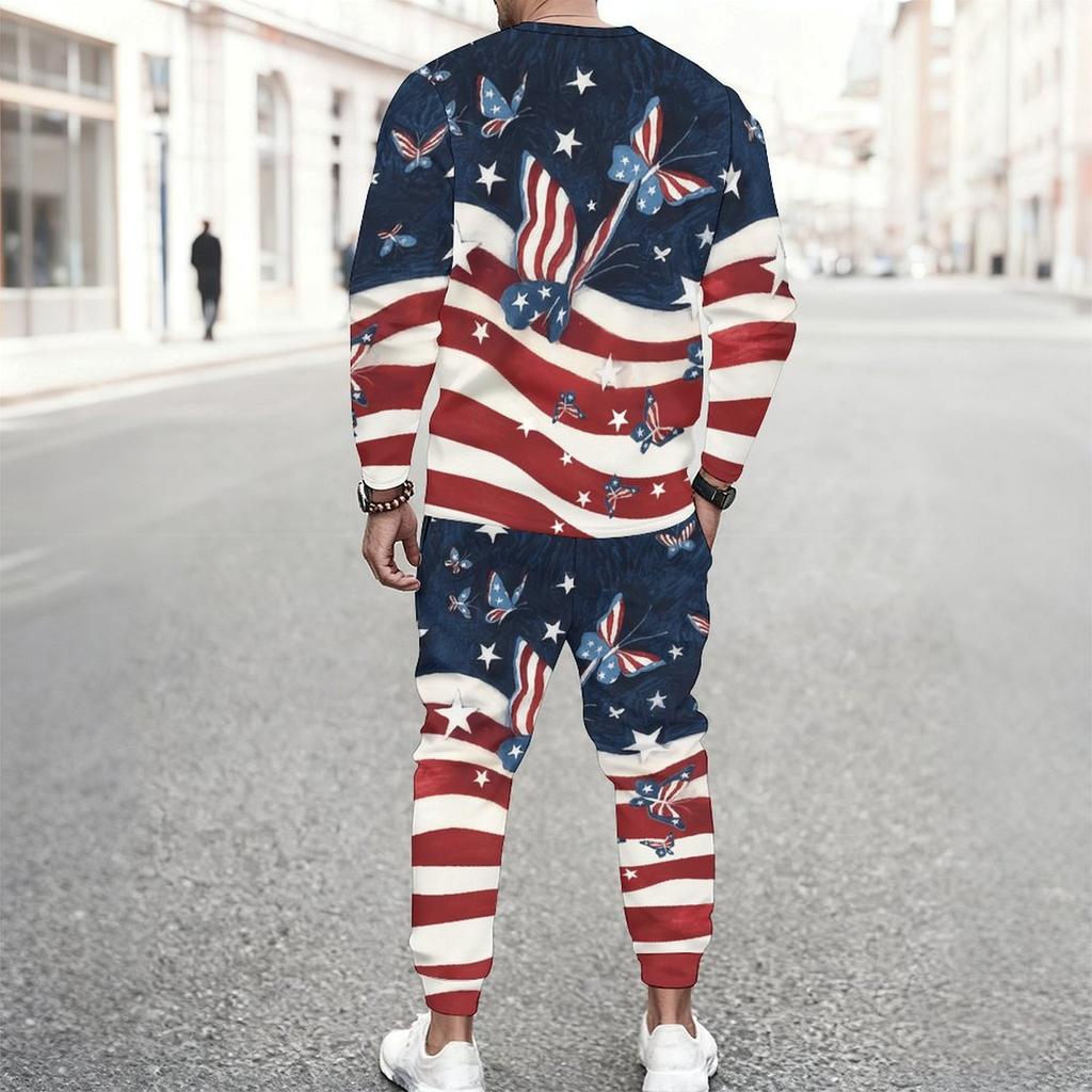 Men Sunflower Skull Flag Print Long Sleeve Sweatshirt And Drawstring Jogger Pants Casual Two Piece Streetwear Outfit