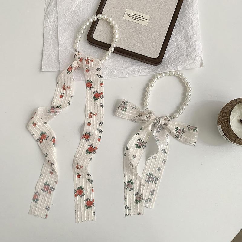 Silk Scarf Long Strip High-end Floral Pearl Necklace Small Scarf Streamer Hair Rope Silk Scarf Bag Winding Floral Headscarf