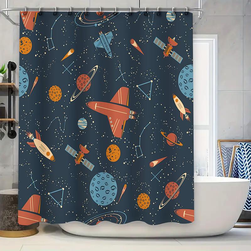 Space Adventure Shower Curtain Outer Space Decor for Bathroom Unique Astronaut and Rocket Design 180 x 240cm Waterproof Fabric S