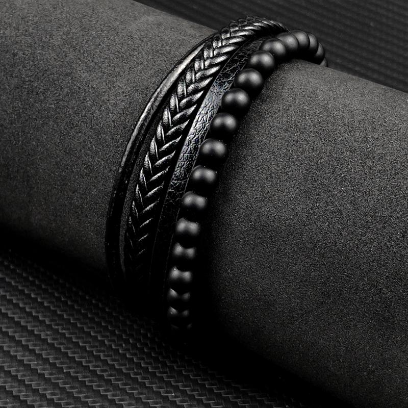 MingAo Charm Herrenschmuck Naturstein Mehrschichtiges Lederarmband Schwarzer Edelstahl Magnetischer Verschluss Tigerauge Perlenarmband