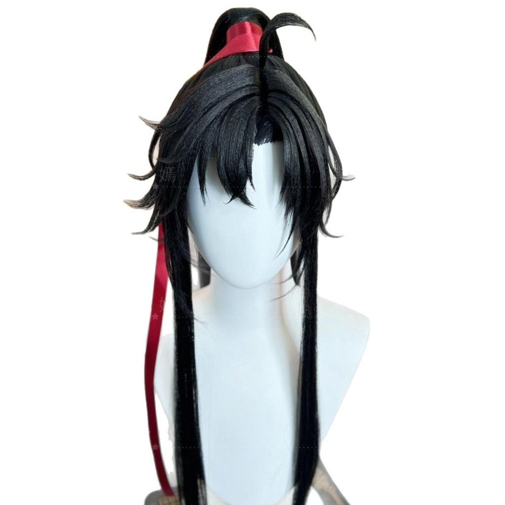 Wei Wuxian Cosplay Wig: Breathable Rose Net, Red Ribbon High Ponytail, Ancient Style