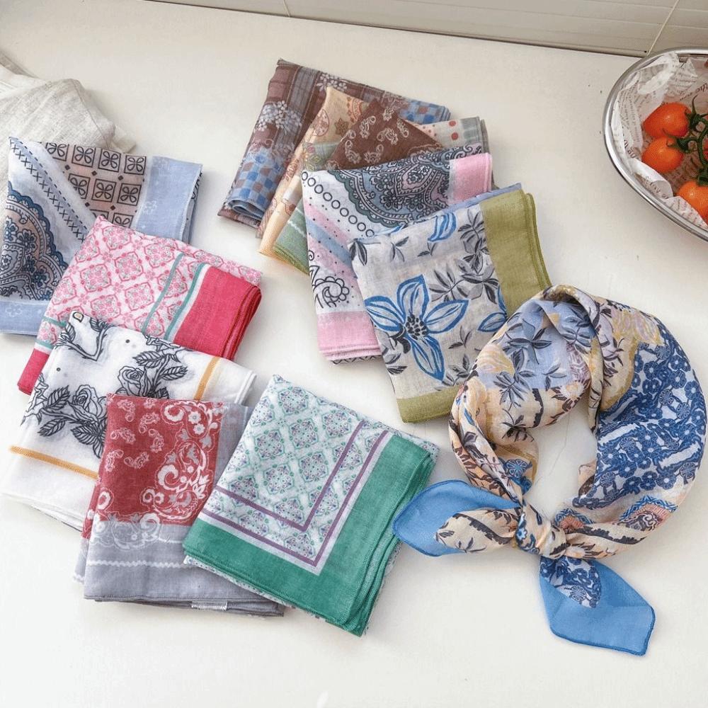 Cashew Cotton Linen Print Scarves Floral Square Handkerchief All-match Printed Silk Scarf  Vacation