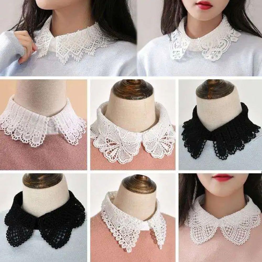 Women's White Decorative Fake Collar Shawl Wrap Hollow Out Detachable Versatile Collar Lapel Shirt Blouse Top False Collar