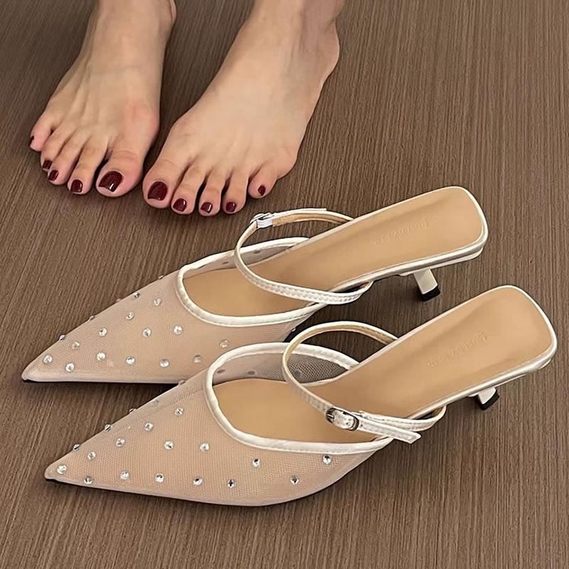 

Women s Slippers Crystal Mesh Pointed Toe Rhinestone High Heels Mules Sandals Buckle Strap Sexy Stilettos Slides Women Slippers 35 бежевий