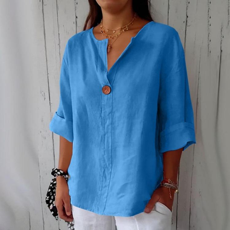 Bluse T-shirt da Donna in Cotone e Lino Larghe con Scollo a V e Bottoni Nuove Camicie Estive