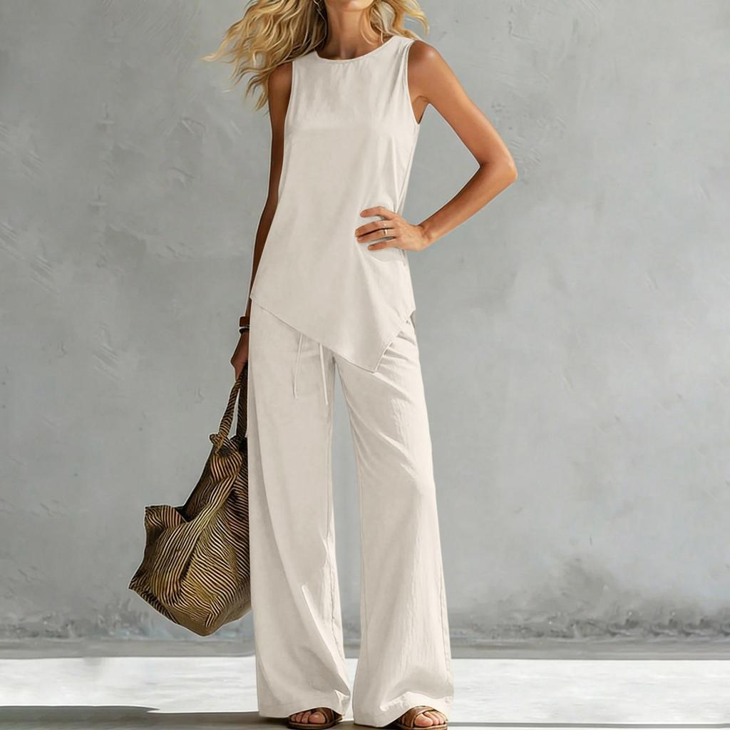 Women's Fashionable Loose Round-neck Vest With Asymmetric Hem Sleeveless Pullover Top High-waisted Wide-leg Pants Set