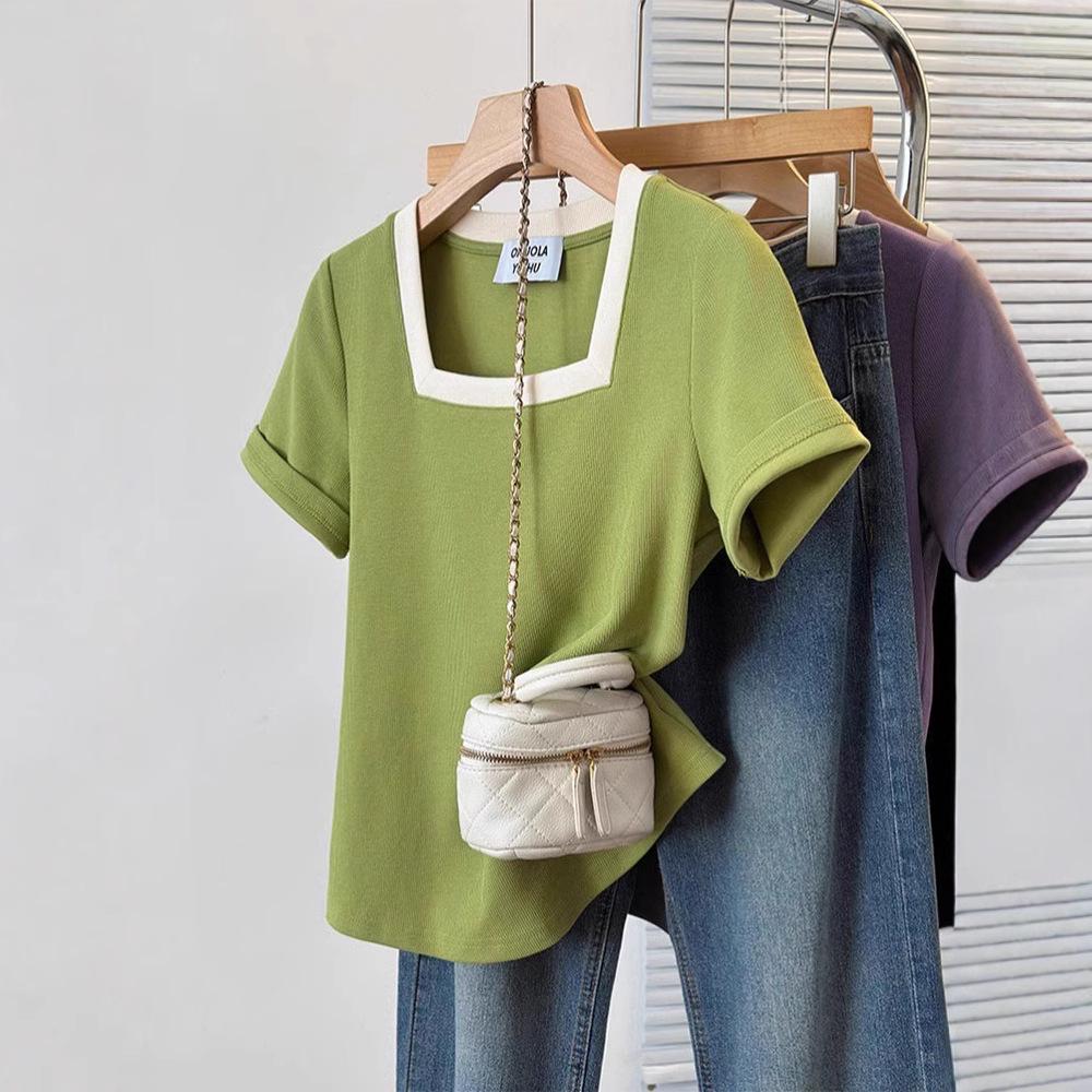 Plus Size Women's Stylish Square Neck Short Sleeve Summer T-shirt - Pure Cotton, Slimming, Up to 200 Jin.