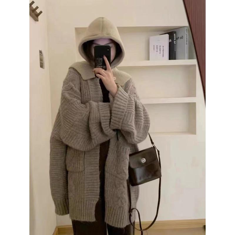 Lazy wind new loose medium and long thickened autumn and winter with knitted cardigan sweater jacket women