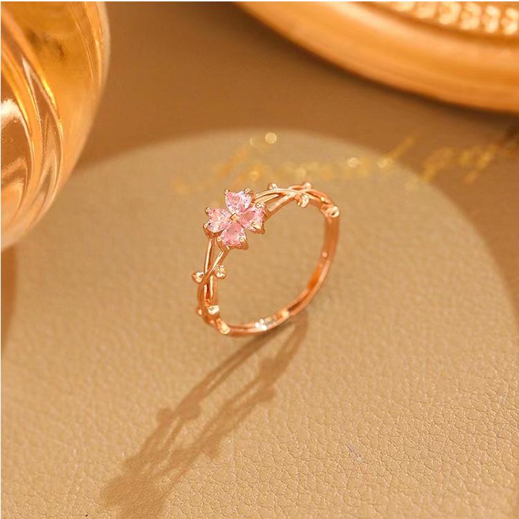 Crystal Four-Leaf Clover Women's Trendy Index Ring with Heart Design