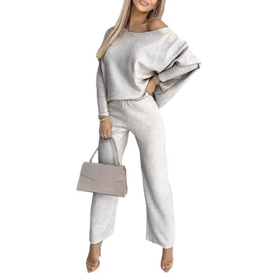 2 Pcs/Set Women Top Pants Set Round Neck Long Sleeves Sweatshirt Elastic Waist Wide Leg Sweatpants Sport Outfit Autumn Casual Tracksuit