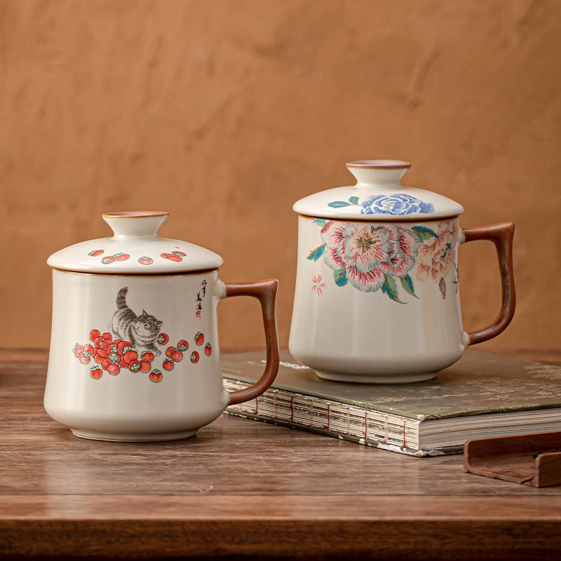 High-value Ru Kiln Ceramic Office Cup Household Tea Drinking Water Cup Tea Cup with Lid Mug Gift Box Set Gift