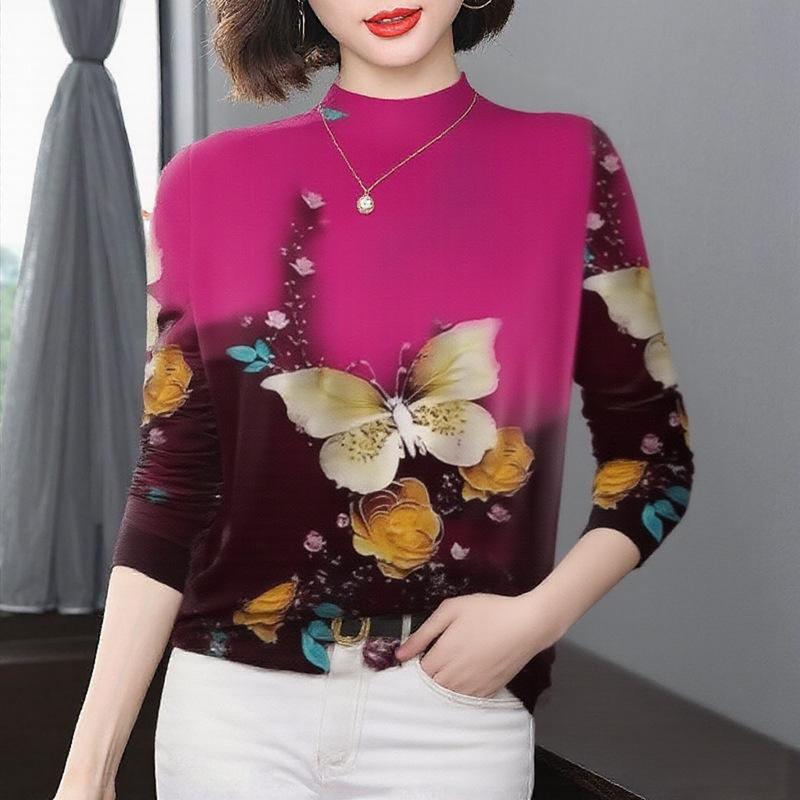 Stylish Printed Long-Sleeve T-shirt for Middle-Aged and Elderly Women - Slimming, Flaw-Hiding, Warm Fashionable Base Layer