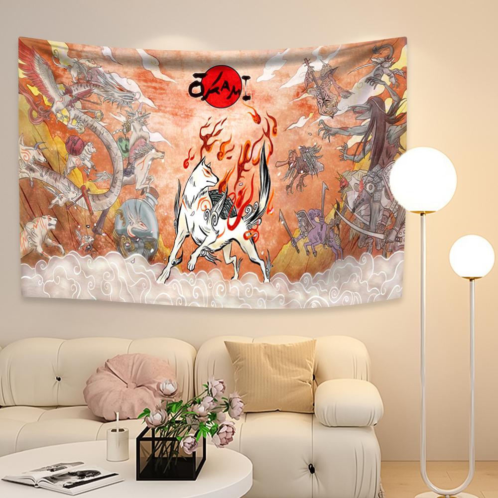 Okami Game Tapestry The Fire Wolf And Sun Art Flag Digital Prints Wall Hanging Covering For Bedroom Dorm Home And Garden Decor