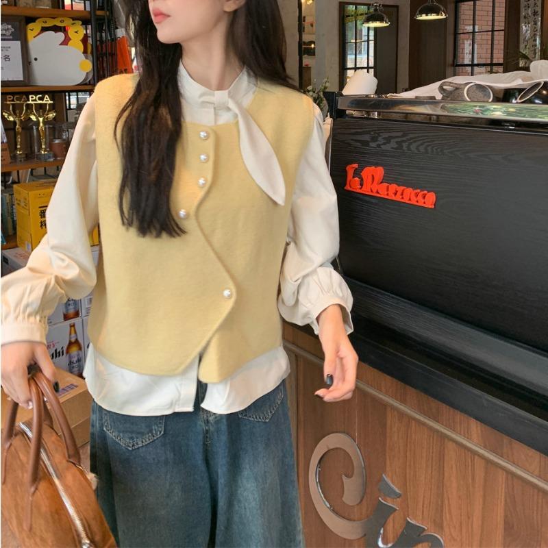 Designed irregular button sweater vest women's winter sleeveless layered solid color sweater vest top