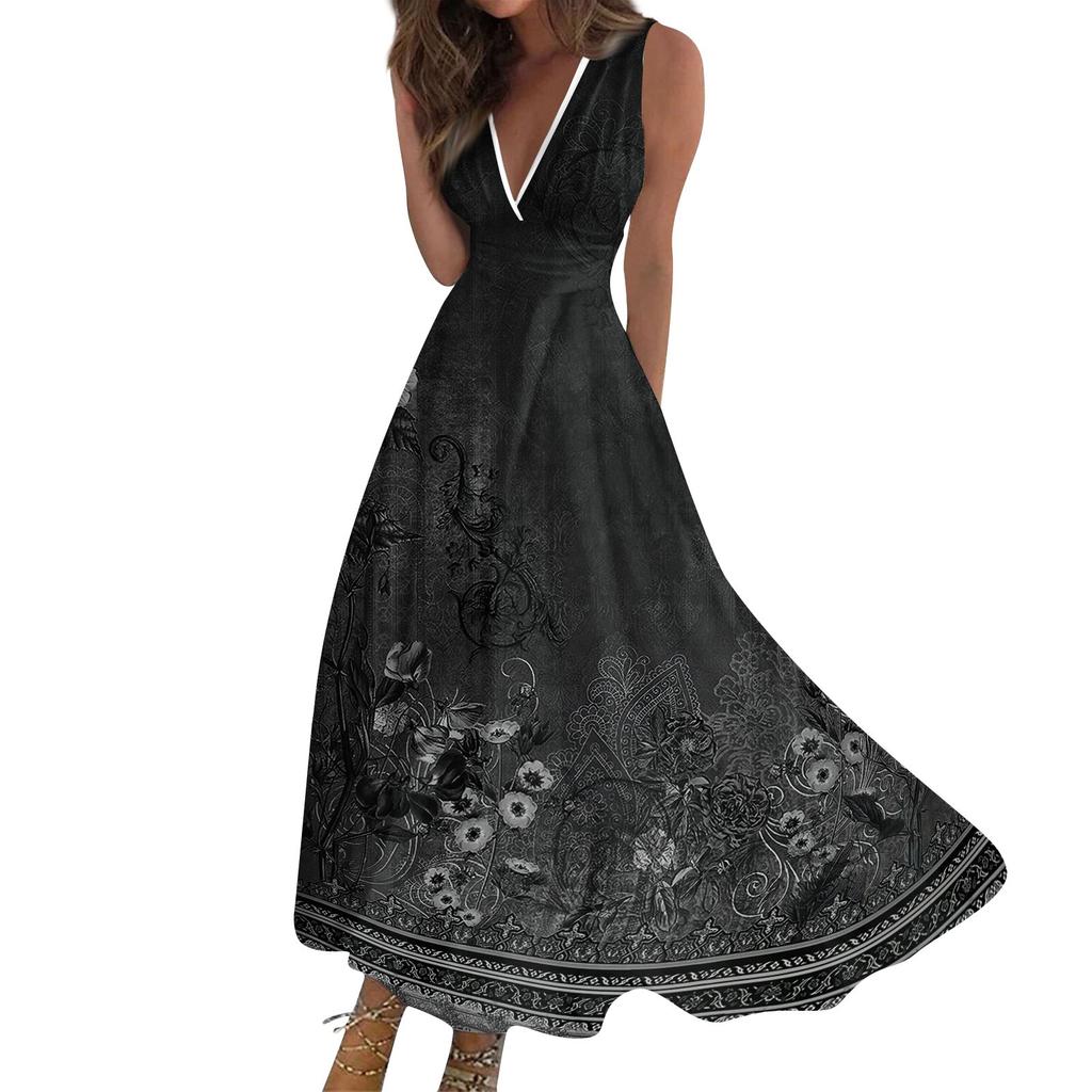 Women's Summer Fashion Retro Floral Print V-Neck Sleeveless Waistless Casual Dresses