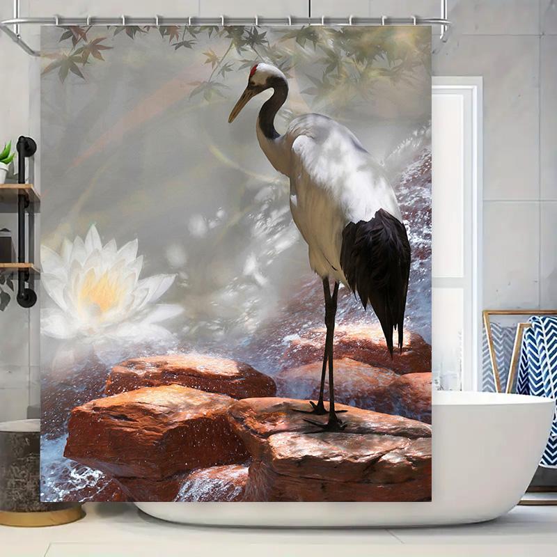 

Vintage Bird Bathing Shower Curtain White Lotus Red Rocks Design For Bathroom Decorations Water-Resistant Polyester Fabric With W60H190(CM)-1 Pcs