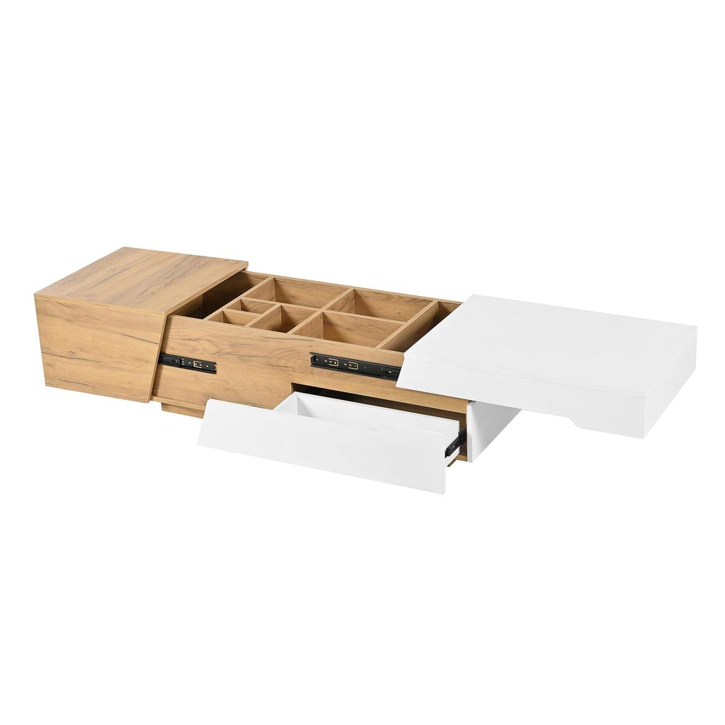 Ausziehbarer Couchtisch 120x50x37,5 cm, mit Schubladen, Beistelltisch mit Schiebemechanismus, für Wohnzimmer, Weiß+ Holzfarbe