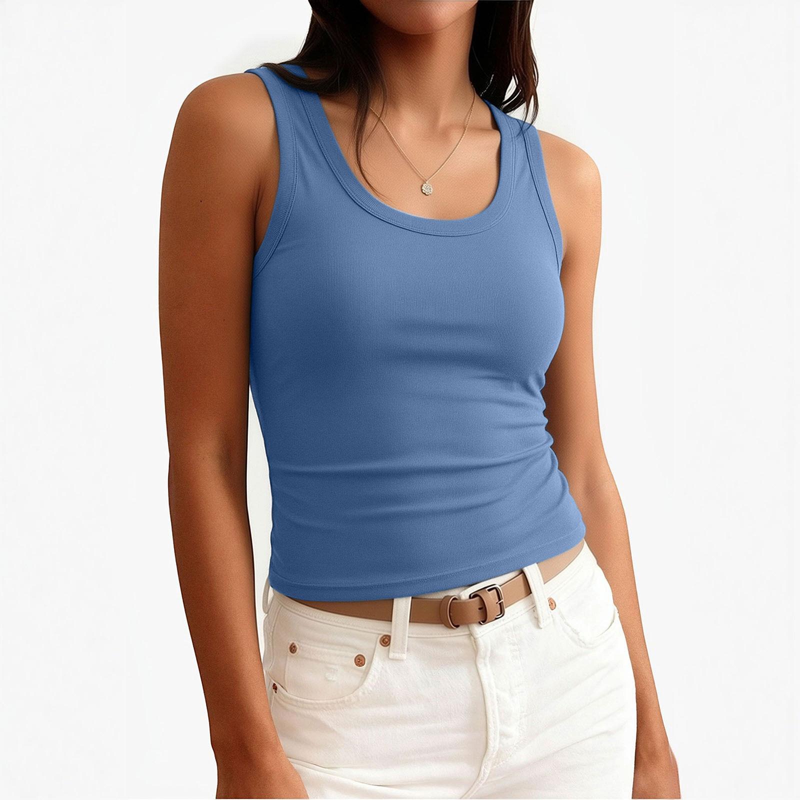 Women s Fashionable Minimalist Fitted Sleeveless Top With Built-in Pads And U-Neck S синий