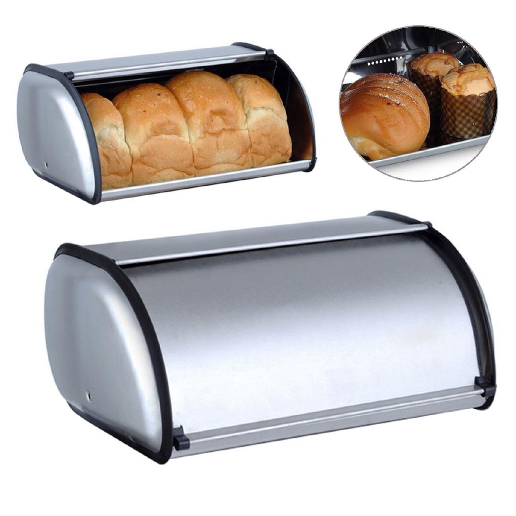 Kitchen Supplies Silver+Black Stainless Steel Roll Top Bread Box Storage Bin Silver Keeper Food Storage Container Kitchen Pastry Bread Baking Holder