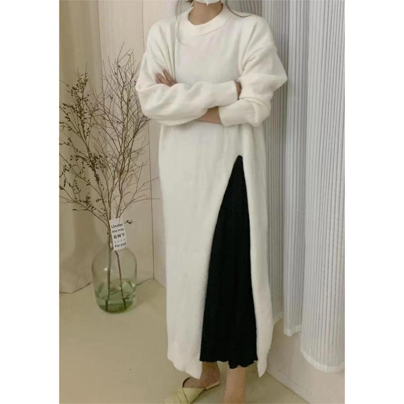 

Ленивое платье с разрезом сбоку, осеннее новое, свободного кроя, пуловерного дизайна, трикотажный свитер длиной до колена One size