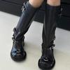 Cowhide Version of Big-headed and Thin Thick-soled Knight Boots Women's Leather Thick-heeled Locomotive But Lacquer Tall Belt Buckle Long Boots