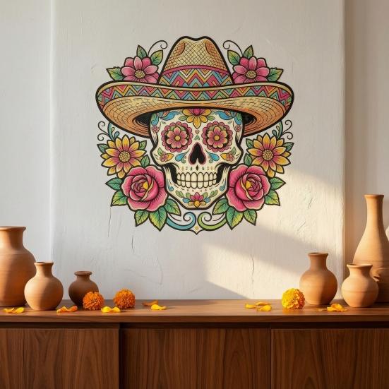 Dia De Los Muertos Window Clings Flower Skull Wall Sticker, Day of The Dead Decorative Mexican Style Festival Ornaments Decals, Waterproof PVC
