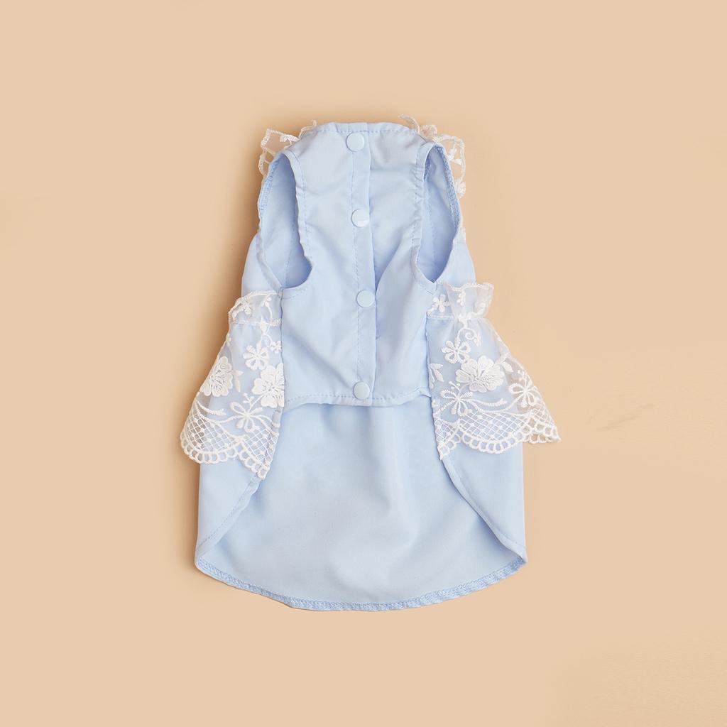 Summer Light Blue Dog Dress with Lace Decoration, Sleeveless Princess Dog Girl Clothes for Small Dogs/Cats Party Costume Attire