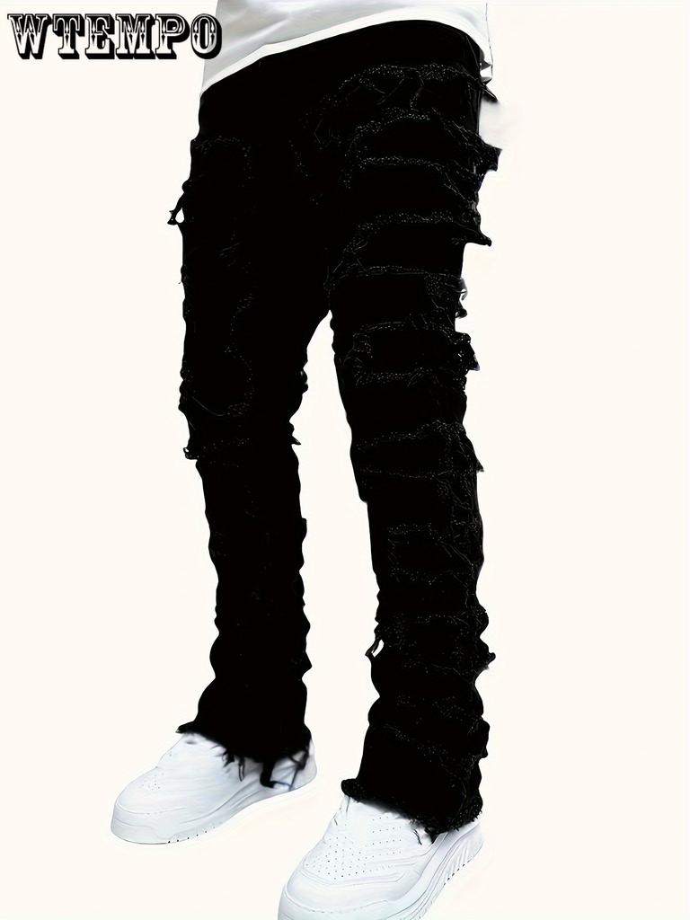 Design Durável, Jeans Masculino Slim Fit Bordado - Denim Elástico, Estilo Casual, Lavável à Máquina - Perfeito para Todas as Estações
