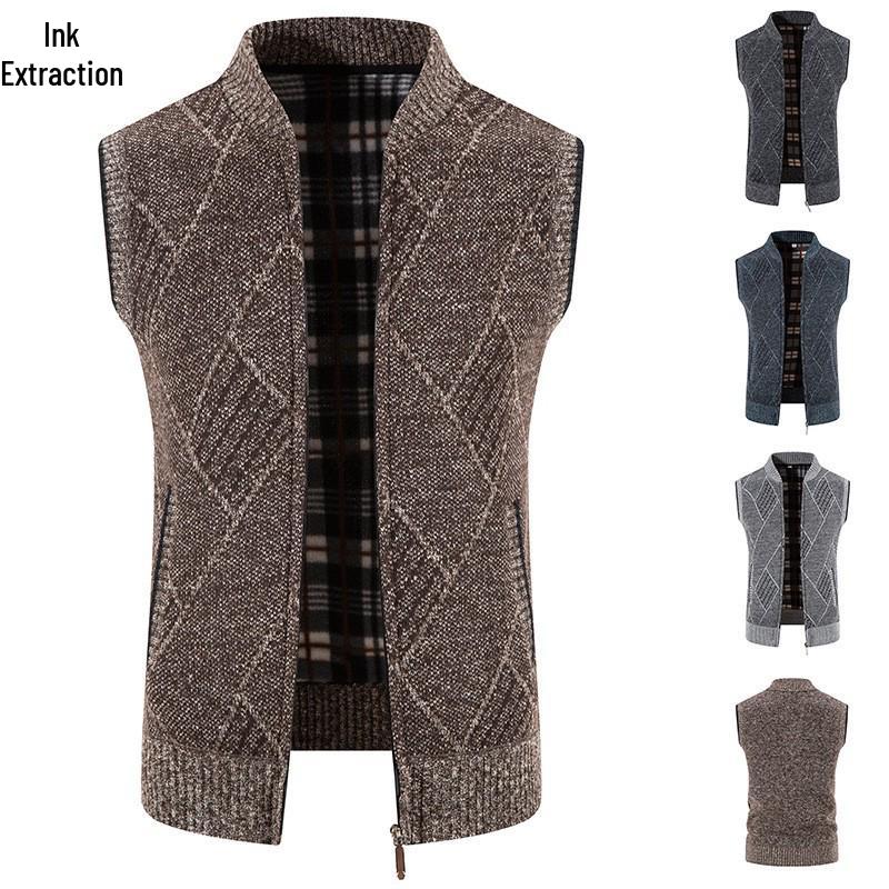 Pánský plusový sametový zahuštěný kardiganový svetr bez rukávů s výstřihem do V - Velká velikost, podzimní/zimní vesta pro středního věku a mladé pro běžné nošení