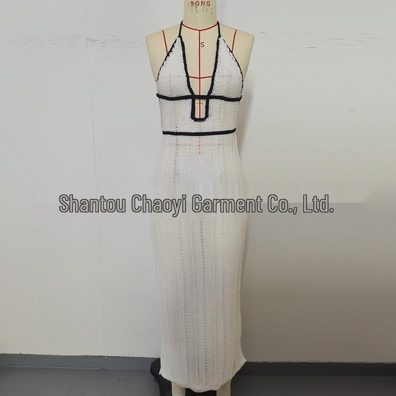 Europäisches & Amerikanisches Rückenfreies V-Ausschnitt Ärmelloses Schlankmachendes Bandagen Langes Kleid für Sommer Strand & Lässige Urlaube