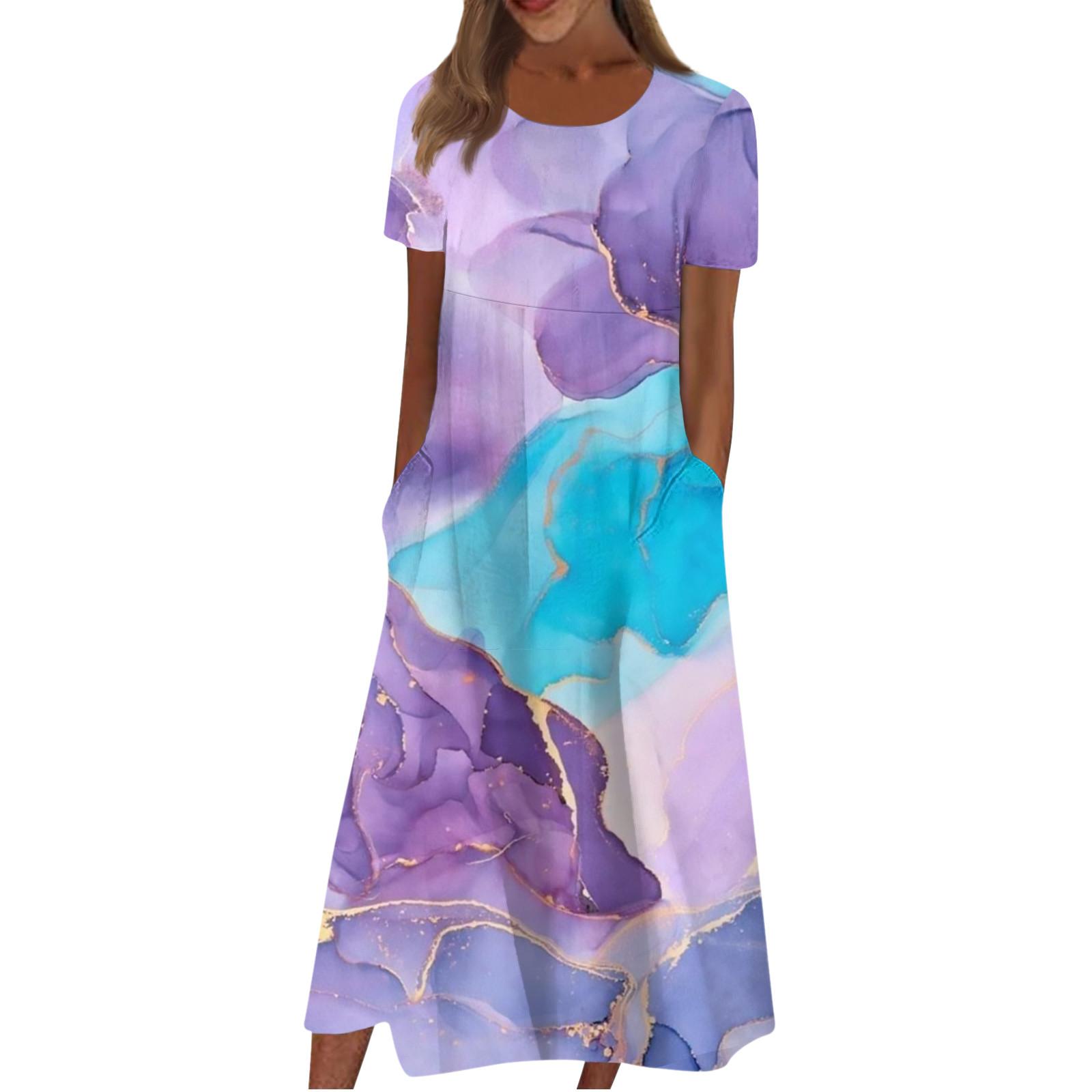 

Women s Casual Dresses Printed Dresses Summer Dresses Printed Pleated Round Neck Midi Dresses Basic Outdoor Daily Short Sleeve Loose Dresses L