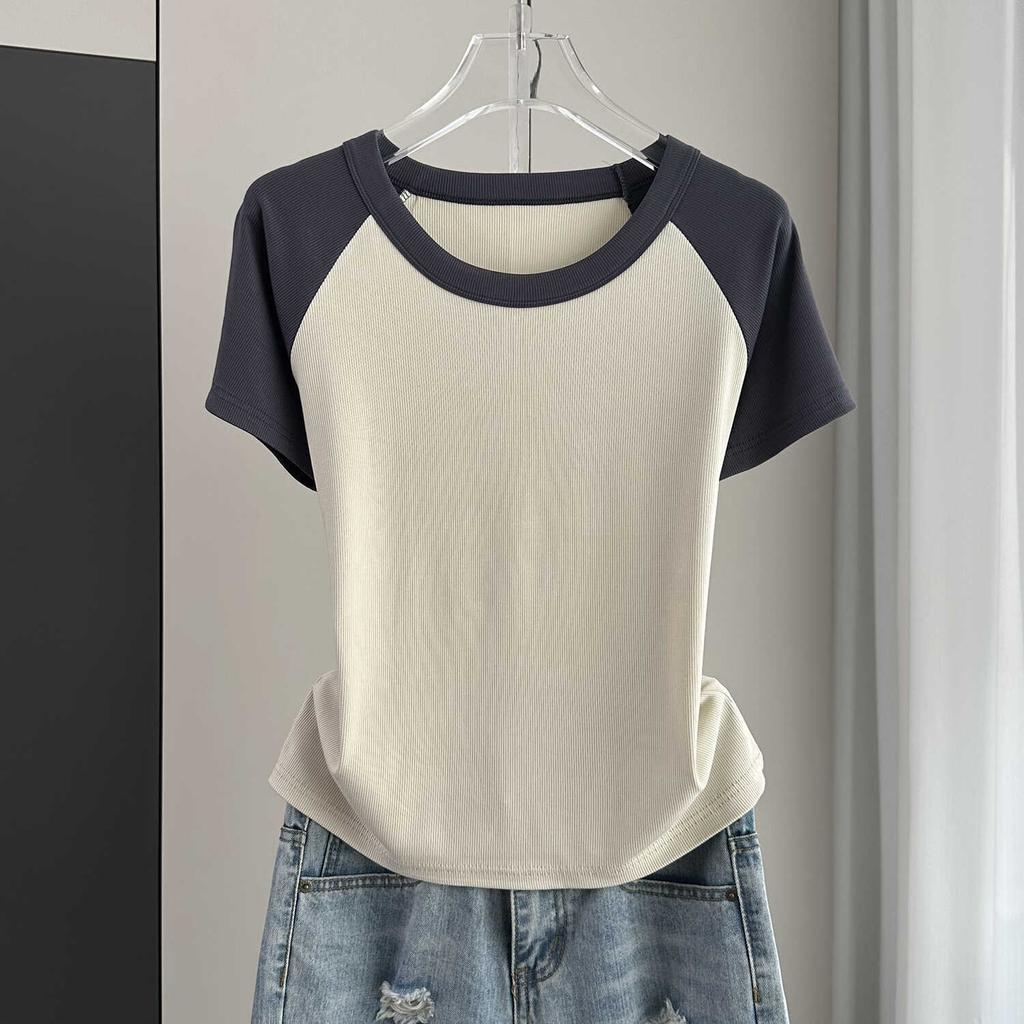 Raglan Short Sleeve Color Block T-Shirt Plus Size Loose Slim Crop Top For Summer Versatile Breathable Soft Material Flattering Slim Women Top
