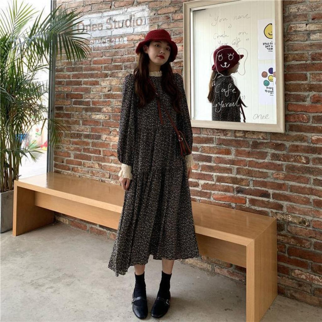 Long Sleeve Midi Dress For Women, Casual Smocked Vintage Midi Dresses, Fall Floral Wedding Guest Dress