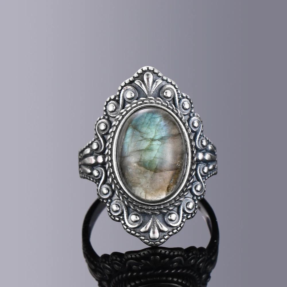S925 Silver Ring Oval Natural Black Onyx Rings Finger Ring Retro Black Labradorite Fine Jewelry Party For Women Men 8