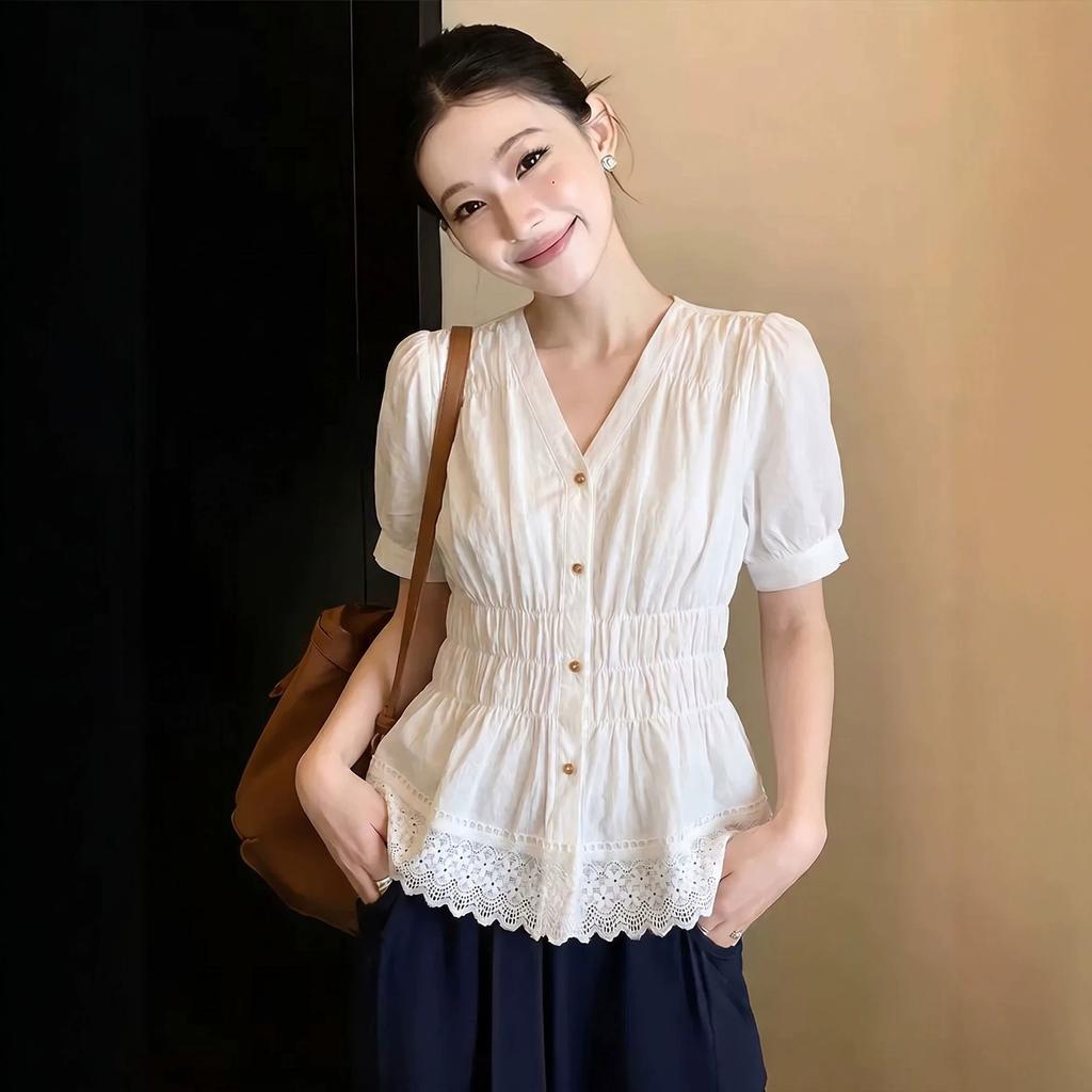 French fashion white v-neck short-sleeved chiffon shirt women's summer new fashion temperament waist shirt