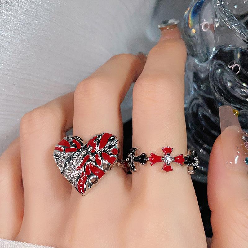 Personalized Red Enamel Dripping Oil Big Love Cross Open Ring Fashion High Sense Index Finger Ring Jewelry