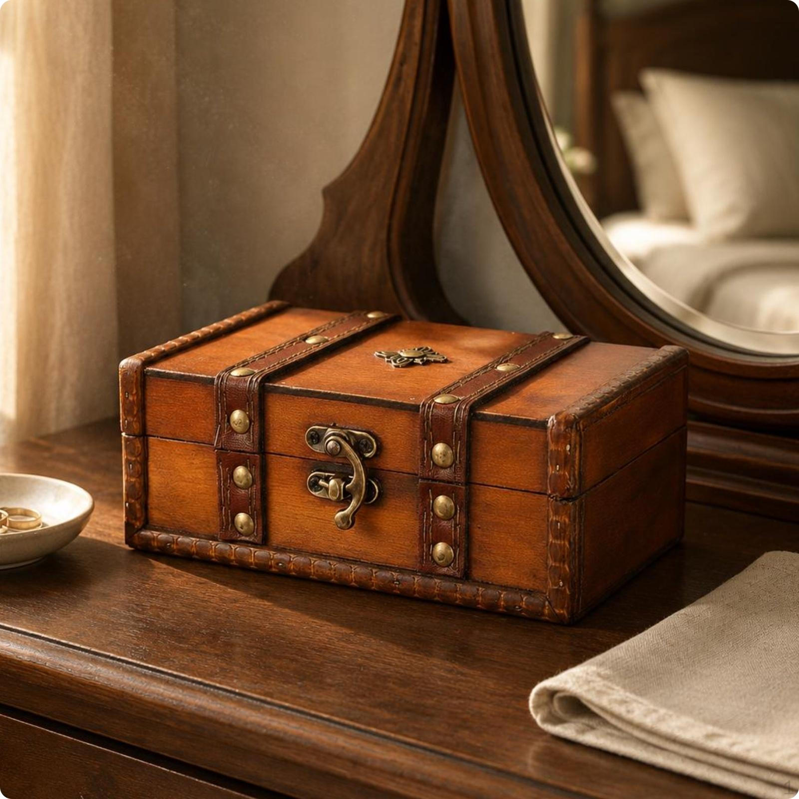 Vintage Design Wooden Jewelry Box Dustproof Retro Treasure Chest Rustic Elegance for