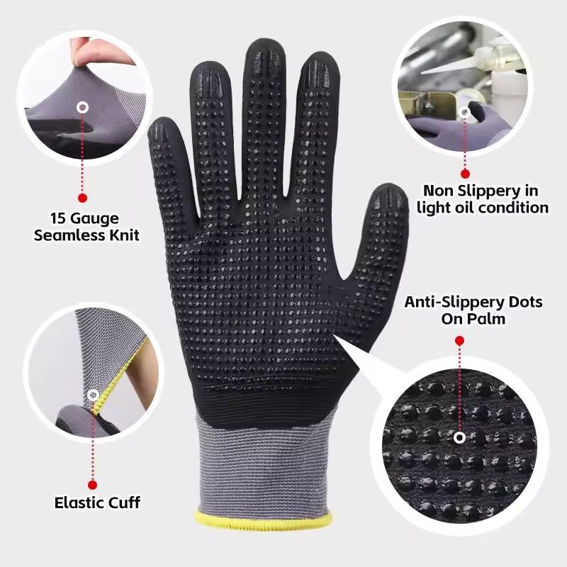 MicroFoam Coated Safety Work Gloves Nitrile Dots Grip Seamless Knit Security Gloves for Men Women Gardening Industrial Assembly