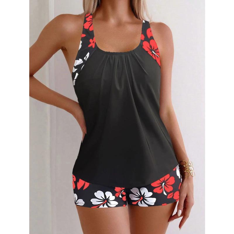 2026 Новый женский консервативный быстросохнущий принт Бикини Низкая талия Цветочный полиэстер Купальник Треугольные трусики Трансграничный S алый