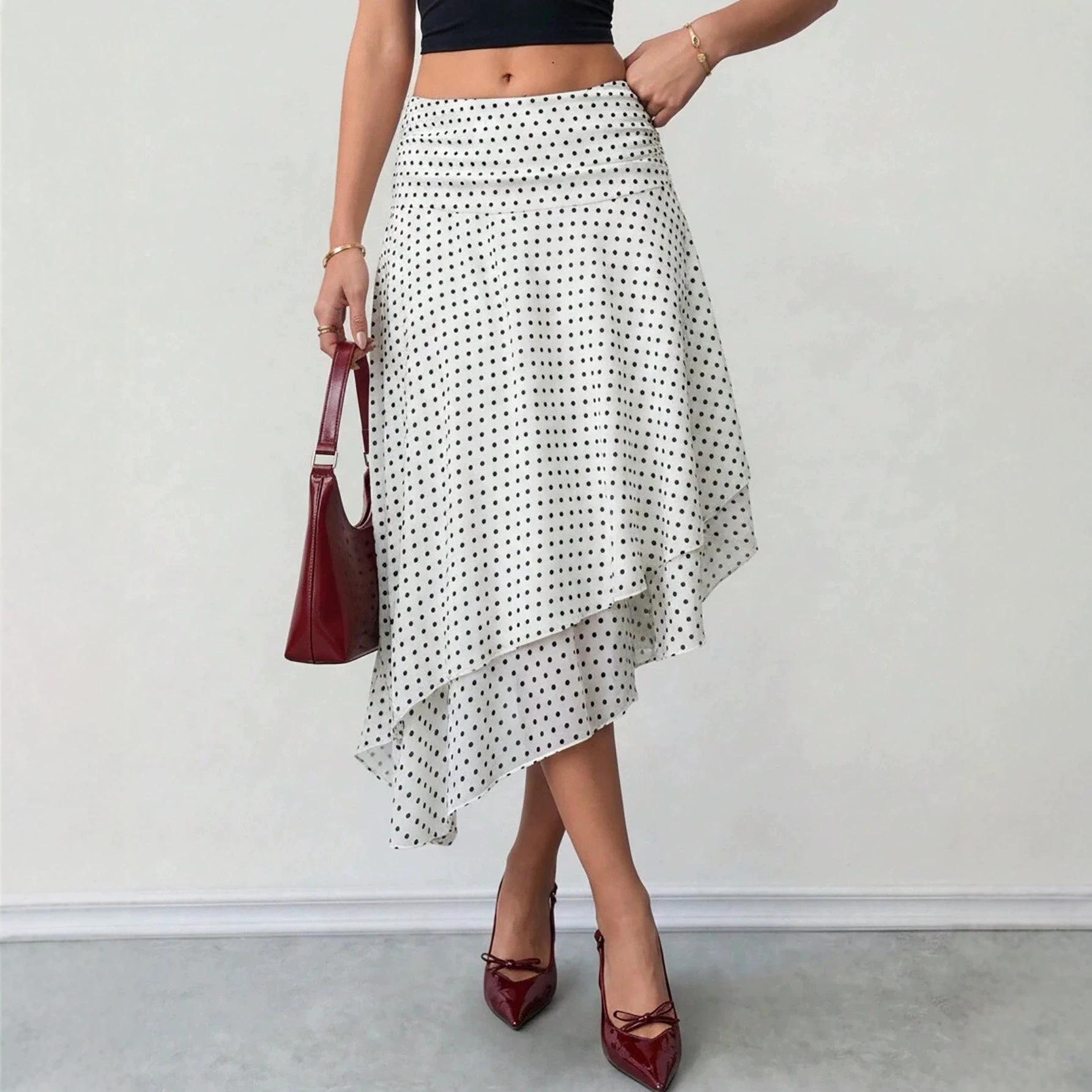 White Vintage Polka Dot Print Irregular Midi A Line Women Skirt S