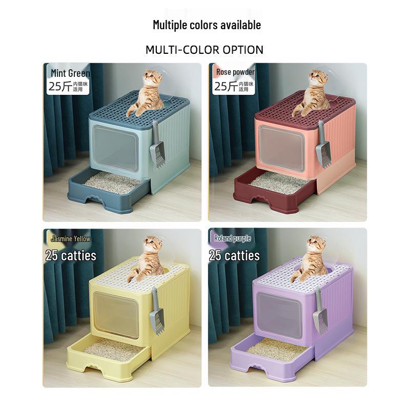 Enclosed Litter Box with Deodorizing, Anti-Splash Folding Drawer Design