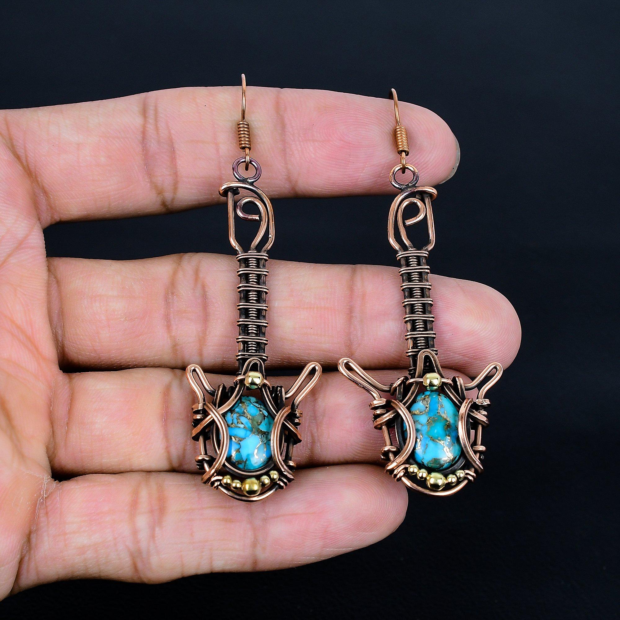 

Серьги из голубой медной бирюзы ручной работы, обернутые медной проволокой 999 пробы, антикварные украшения, для подарка на помолвку 2.55 Inches